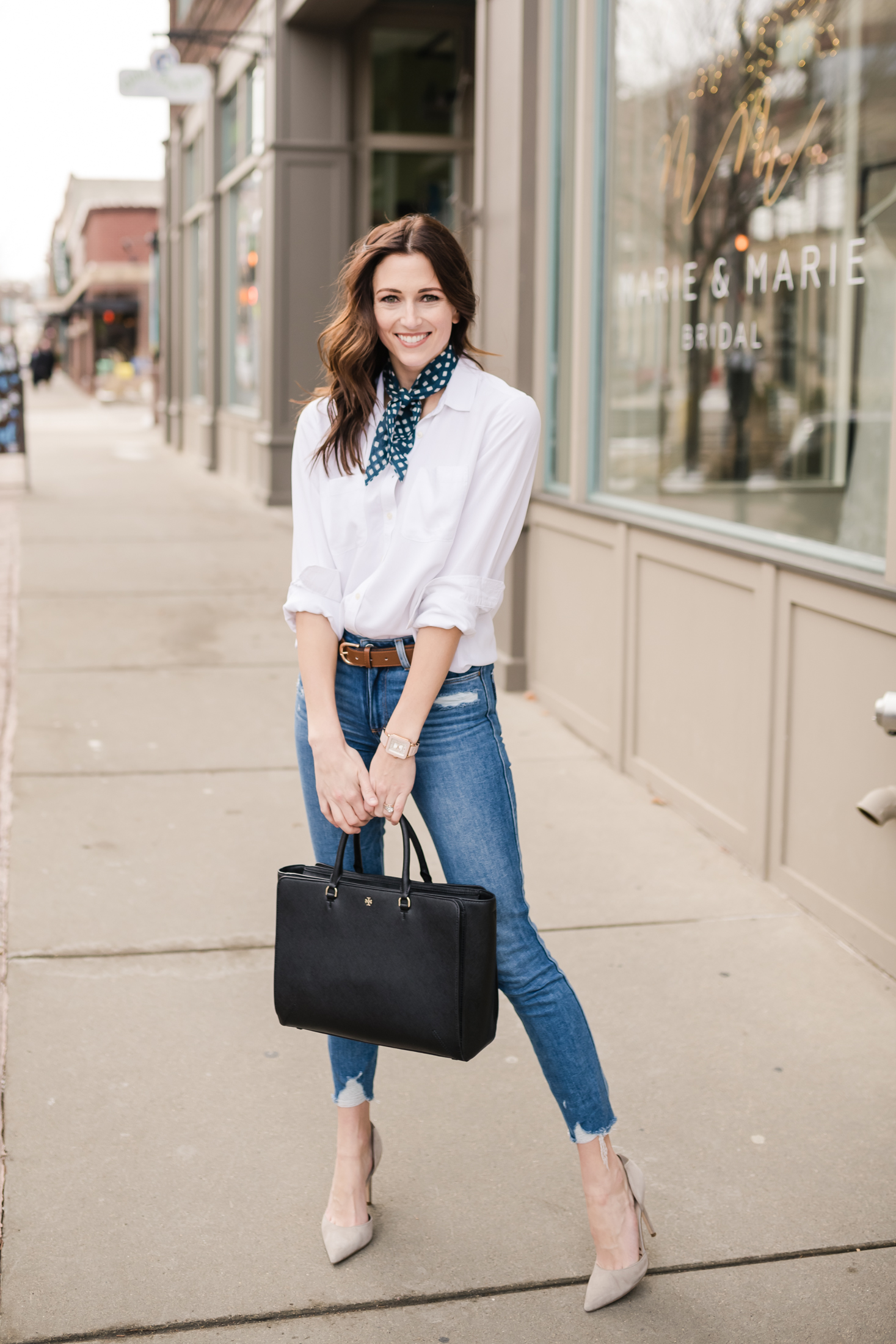 White Button Up 3 Ways – Jeans & Neck Scarf